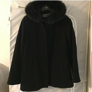 Fox fur hood black wool coat
